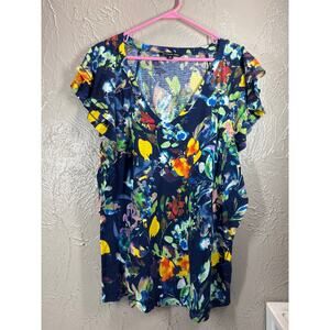 Zac & Rachel Womens Plus Blue Floral V-Neck Tunic Short Ruffle Sleeves Top 3X